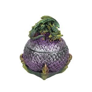 Hand Painted Green and Purple Sleeping Dragon On Egg Lidded Trinket Box